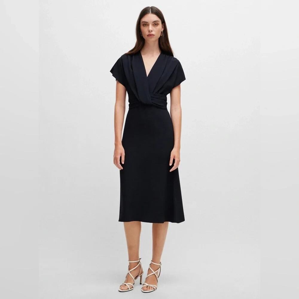 Boss Debasa 2 Drape Front Dress Matte Satin Navy Blue Midi Short Sleeve V Neck 8